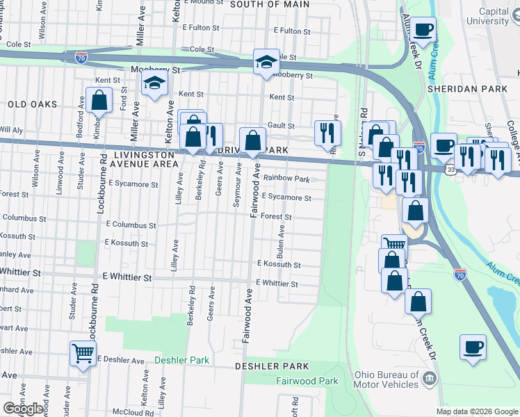 map of restaurants, bars, coffee shops, grocery stores, and more near 1650 Forest Street in Columbus