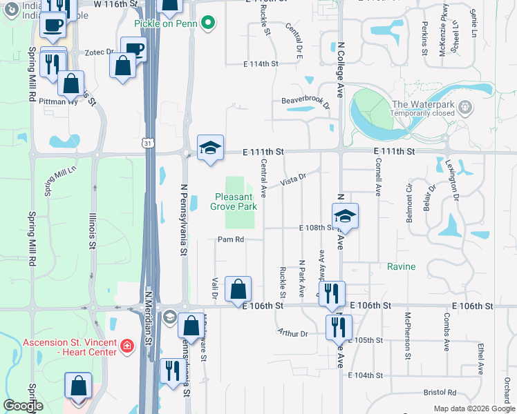map of restaurants, bars, coffee shops, grocery stores, and more near 10840 Central Avenue in Indianapolis