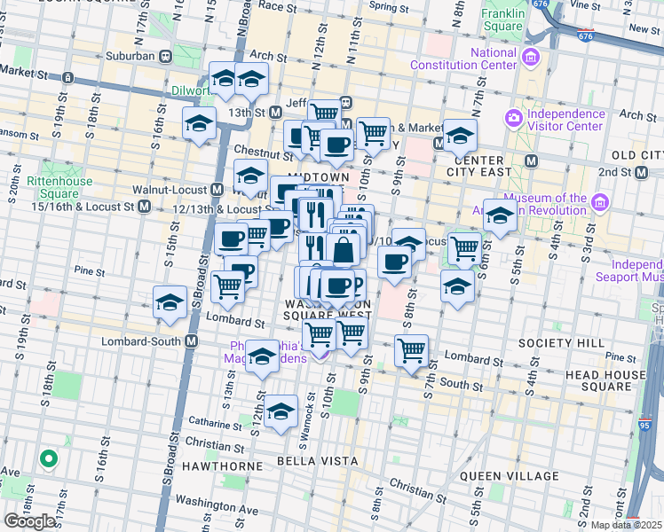 map of restaurants, bars, coffee shops, grocery stores, and more near 1023 Spruce Street in Philadelphia