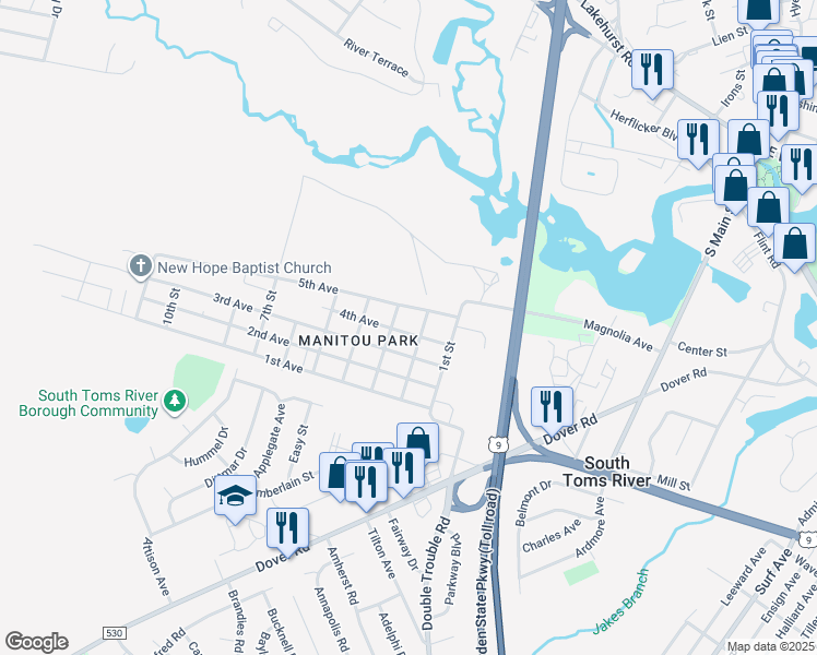 map of restaurants, bars, coffee shops, grocery stores, and more near 31 4th Avenue in Toms River