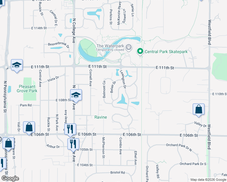 map of restaurants, bars, coffee shops, grocery stores, and more near 10783 Belair Drive in Indianapolis
