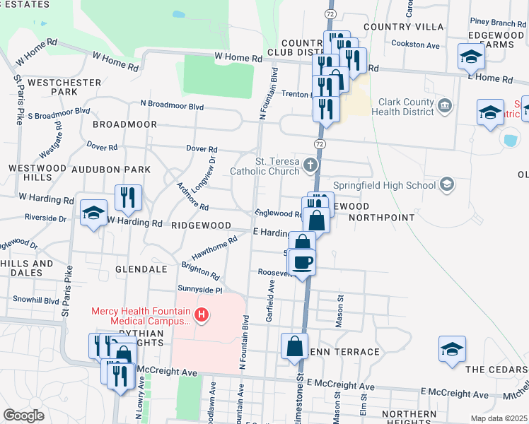 map of restaurants, bars, coffee shops, grocery stores, and more near 40 Englewood Road in Springfield