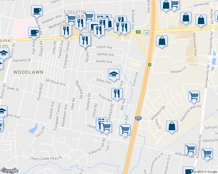 map of restaurants, bars, coffee shops, grocery stores, and more near 354 S Murray Hill Rd in Columbus