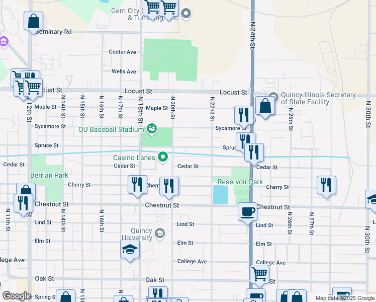 map of restaurants, bars, coffee shops, grocery stores, and more near 2028 Spruce Street in Quincy