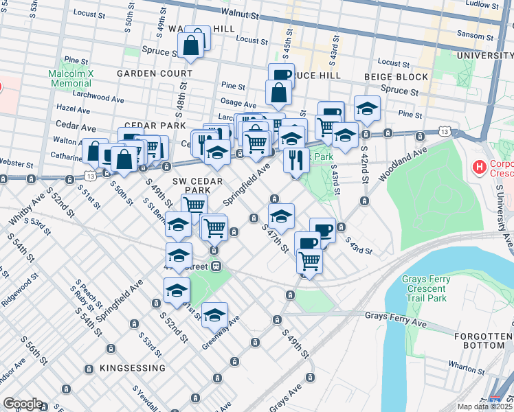 map of restaurants, bars, coffee shops, grocery stores, and more near 4617 Chester Avenue in Philadelphia
