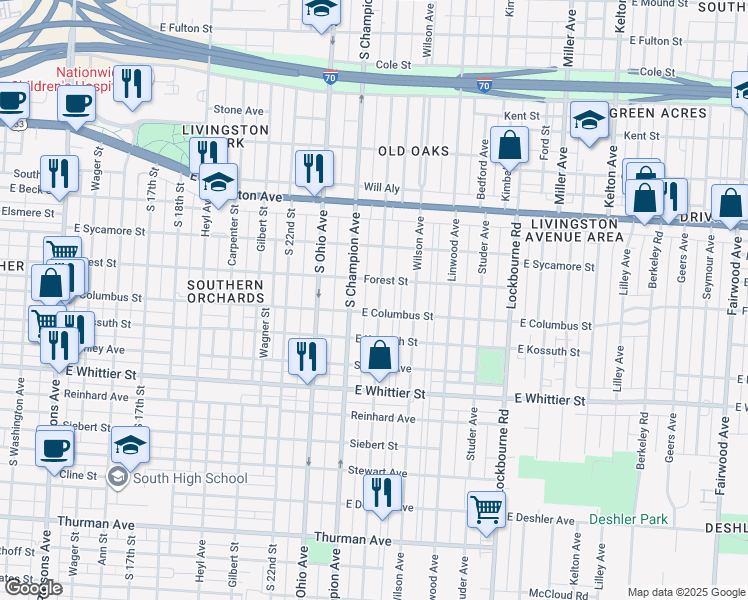 map of restaurants, bars, coffee shops, grocery stores, and more near 927 Oakwood Avenue in Columbus