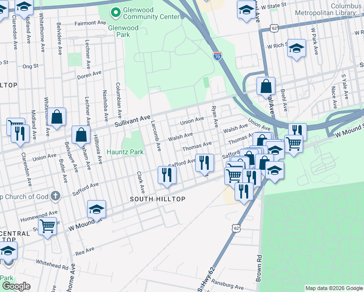 map of restaurants, bars, coffee shops, grocery stores, and more near 1722 Thomas Ave in Columbus