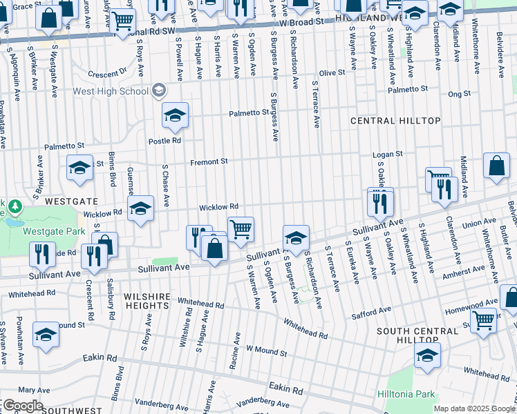 map of restaurants, bars, coffee shops, grocery stores, and more near 415 South Ogden Avenue in Columbus