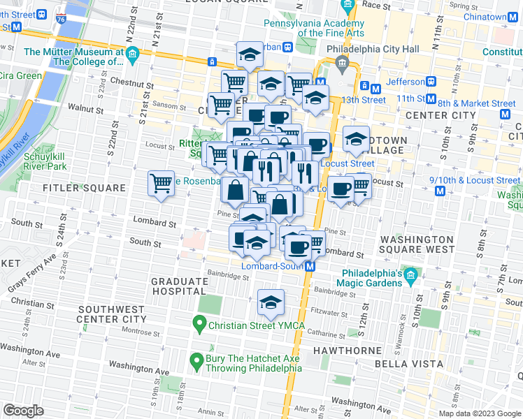 map of restaurants, bars, coffee shops, grocery stores, and more near 338 South 16th Street in Philadelphia