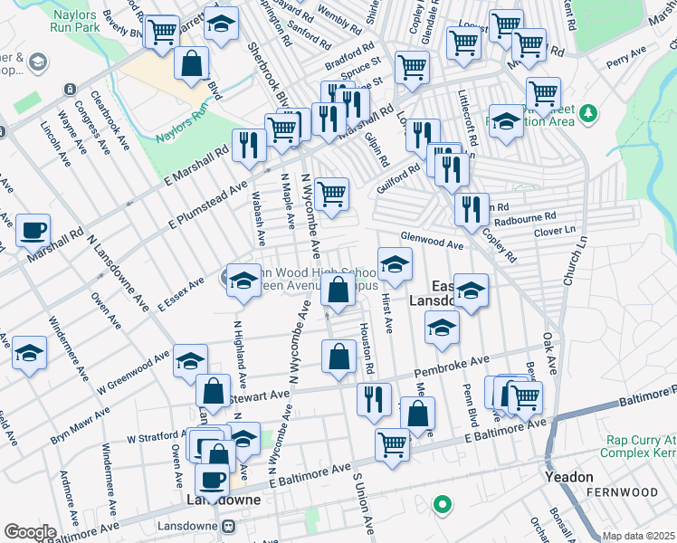 map of restaurants, bars, coffee shops, grocery stores, and more near 204 Chapman Avenue in Lansdowne