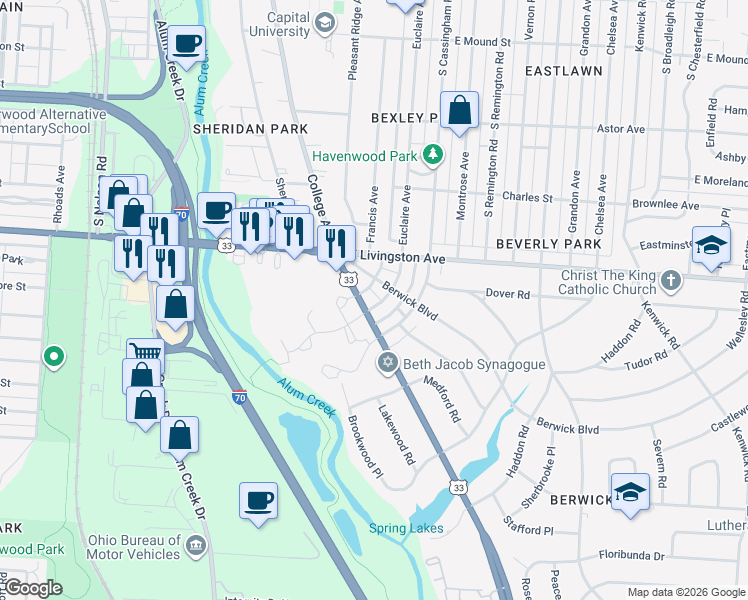 map of restaurants, bars, coffee shops, grocery stores, and more near 2315 Berwick Boulevard in Columbus