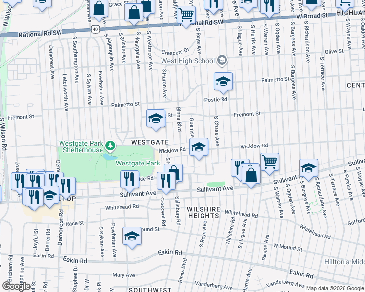 map of restaurants, bars, coffee shops, grocery stores, and more near 2988 Wicklow Road in Columbus