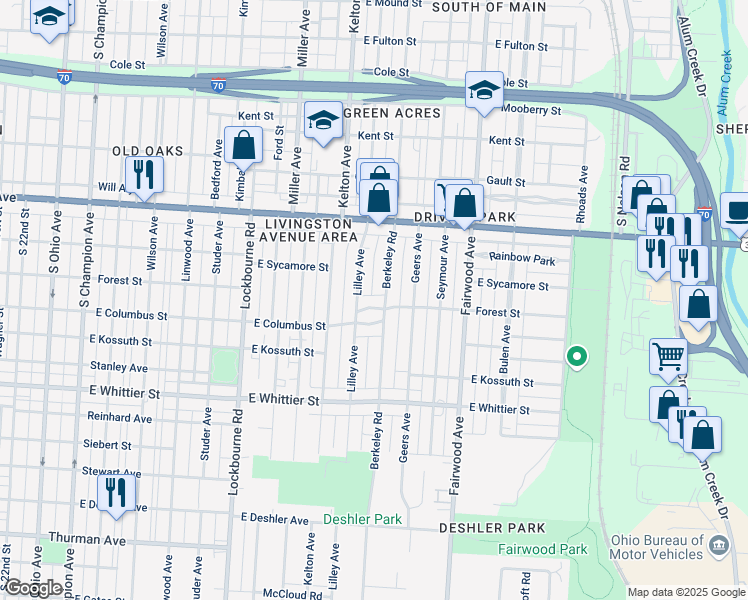 map of restaurants, bars, coffee shops, grocery stores, and more near 1478 Forest Street in Columbus