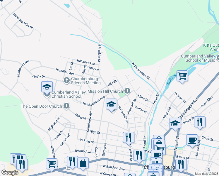 map of restaurants, bars, coffee shops, grocery stores, and more near 556 North Franklin Street in Chambersburg