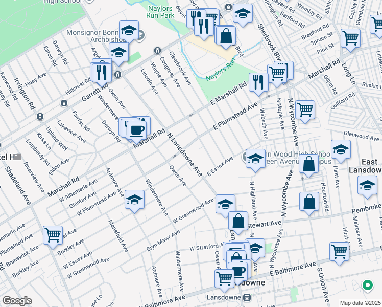 map of restaurants, bars, coffee shops, grocery stores, and more near 231 North Lansdowne Avenue in Lansdowne