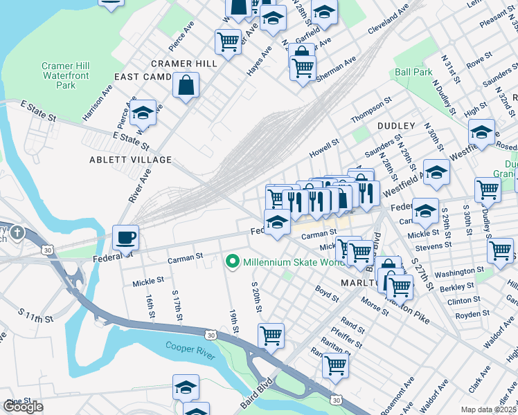map of restaurants, bars, coffee shops, grocery stores, and more near 65 Stewart Street in Camden