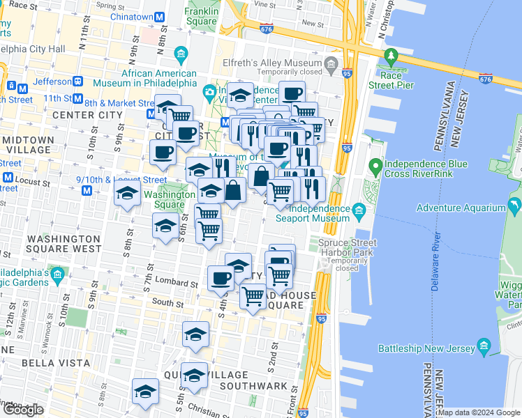 map of restaurants, bars, coffee shops, grocery stores, and more near 220-24 South 3rd Street in Philadelphia