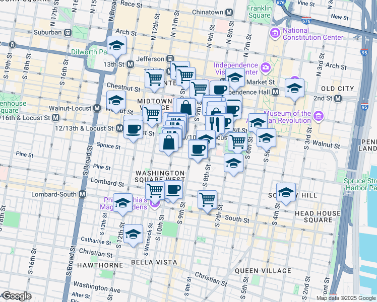 map of restaurants, bars, coffee shops, grocery stores, and more near 258 South 9th Street in Philadelphia