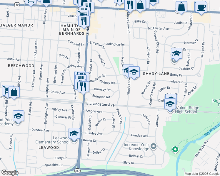 map of restaurants, bars, coffee shops, grocery stores, and more near 4574 Grimsby Road in Columbus