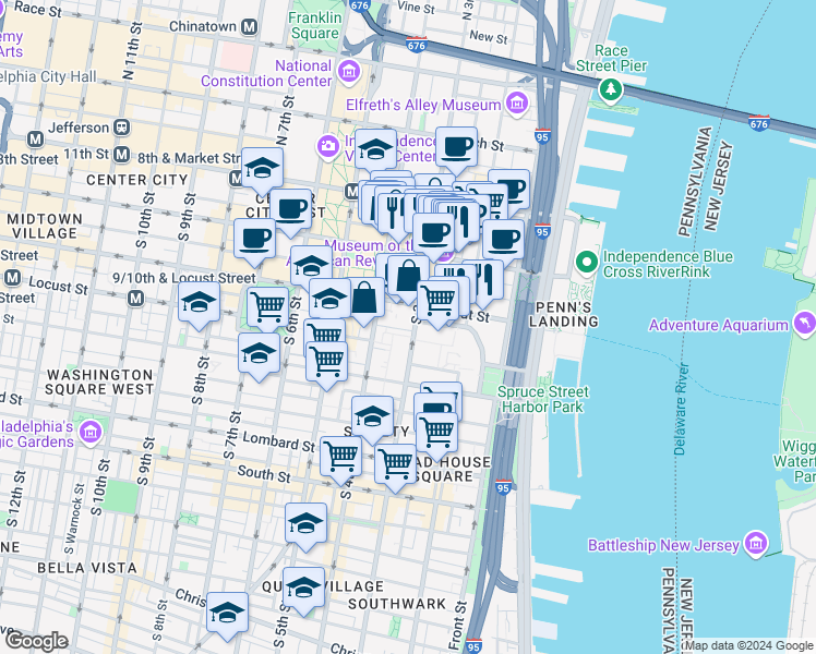 map of restaurants, bars, coffee shops, grocery stores, and more near 220-24 South 3rd Street in Philadelphia
