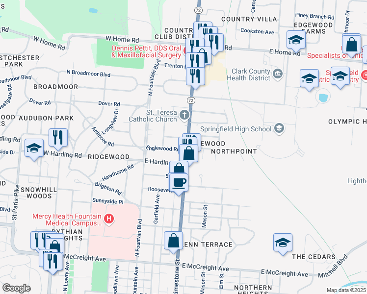 map of restaurants, bars, coffee shops, grocery stores, and more near 150 Englewood Road in Springfield