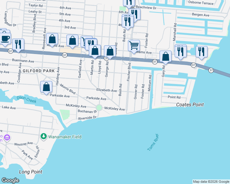 map of restaurants, bars, coffee shops, grocery stores, and more near 201 Lillie Road in Toms River