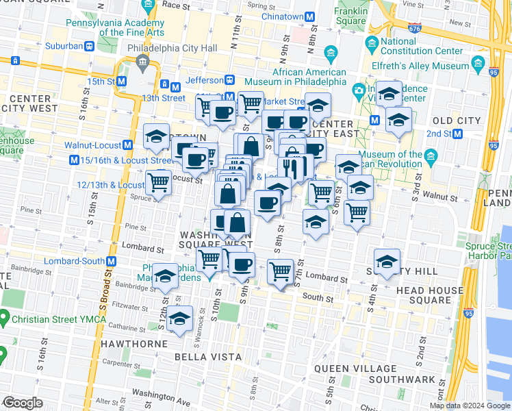 map of restaurants, bars, coffee shops, grocery stores, and more near 258 South 9th Street in Philadelphia