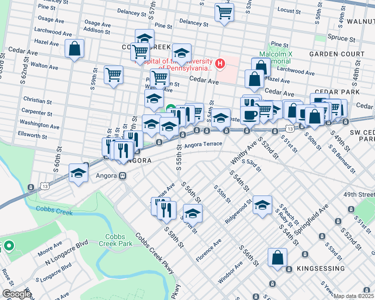 map of restaurants, bars, coffee shops, grocery stores, and more near 5438 Angora Terrace in Philadelphia