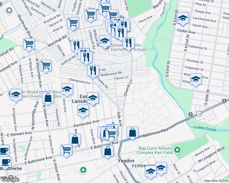 map of restaurants, bars, coffee shops, grocery stores, and more near 747 Crosley Avenue in Delaware County