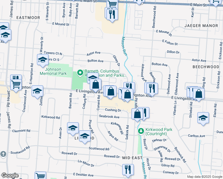 map of restaurants, bars, coffee shops, grocery stores, and more near 3583 Rand Square East in Columbus