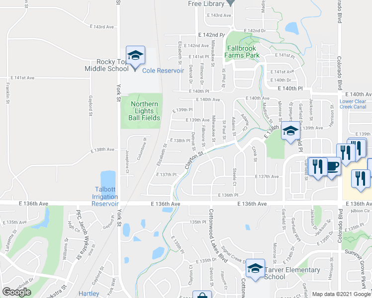 map of restaurants, bars, coffee shops, grocery stores, and more near 2669 East 138th Circle in Thornton
