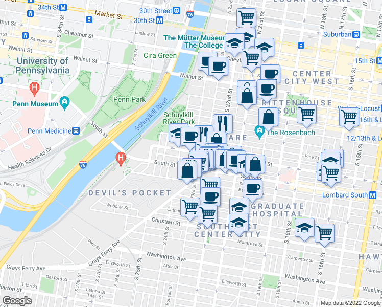 map of restaurants, bars, coffee shops, grocery stores, and more near 500 South 24th Street in Philadelphia