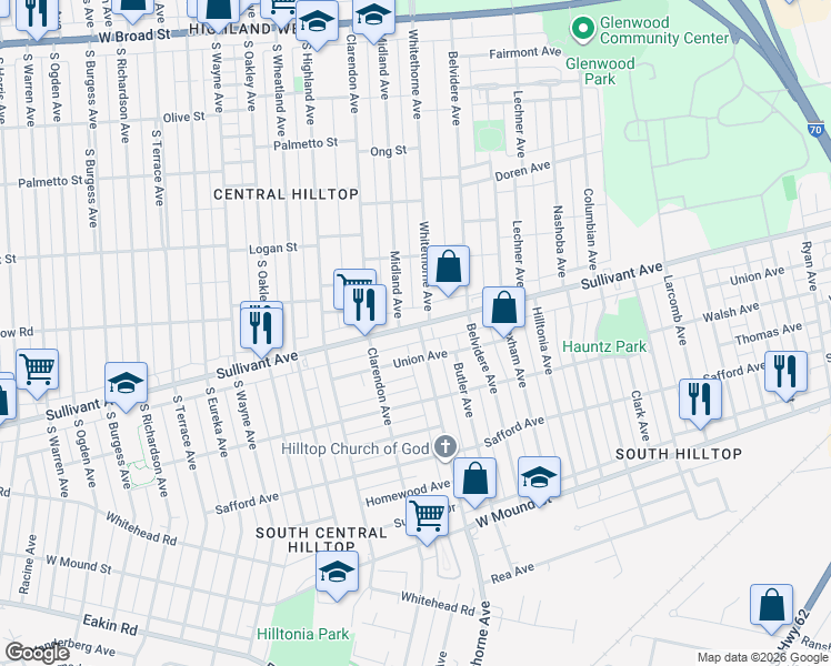 map of restaurants, bars, coffee shops, grocery stores, and more near 2165 Sullivant Avenue in Columbus