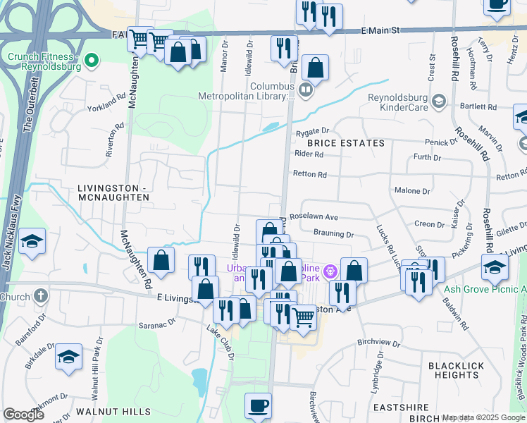 map of restaurants, bars, coffee shops, grocery stores, and more near 6172 Roselawn Avenue in Columbus