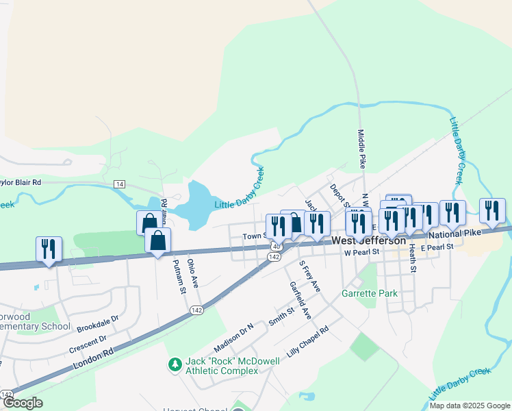 map of restaurants, bars, coffee shops, grocery stores, and more near 98 North Franklin Street in West Jefferson
