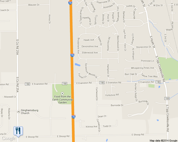 map of restaurants, bars, coffee shops, grocery stores, and more near 872 Sycamore Woods Drive in Tipp City