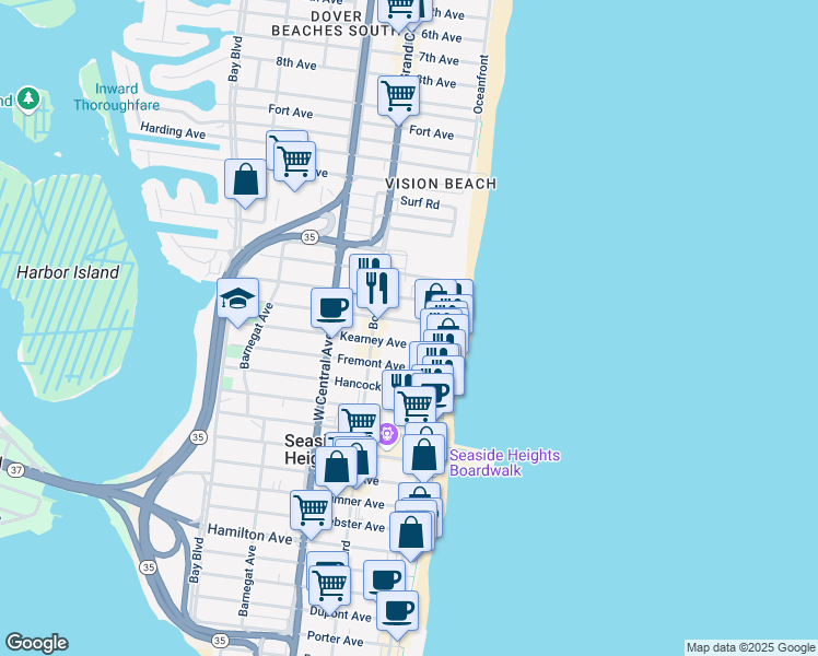 map of restaurants, bars, coffee shops, grocery stores, and more near 41 Carteret Avenue in Seaside Heights