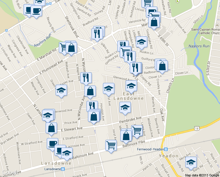 map of restaurants, bars, coffee shops, grocery stores, and more near 229 Hirst Avenue in Lansdowne