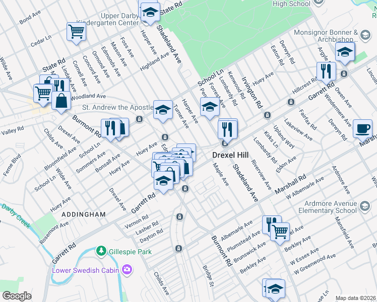 map of restaurants, bars, coffee shops, grocery stores, and more near 3620 Rosemont Avenue in Drexel Hill