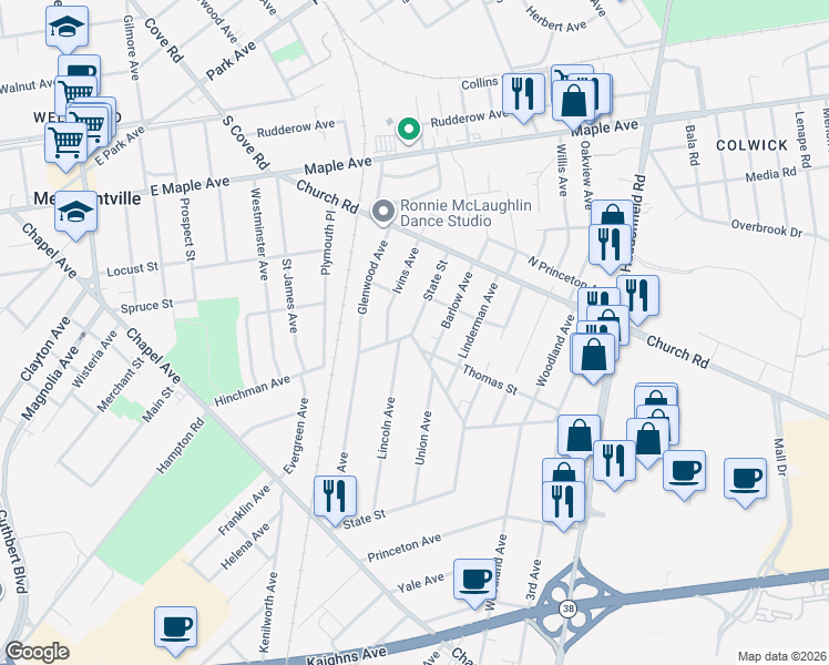 map of restaurants, bars, coffee shops, grocery stores, and more near 215 State Street in Cherry Hill