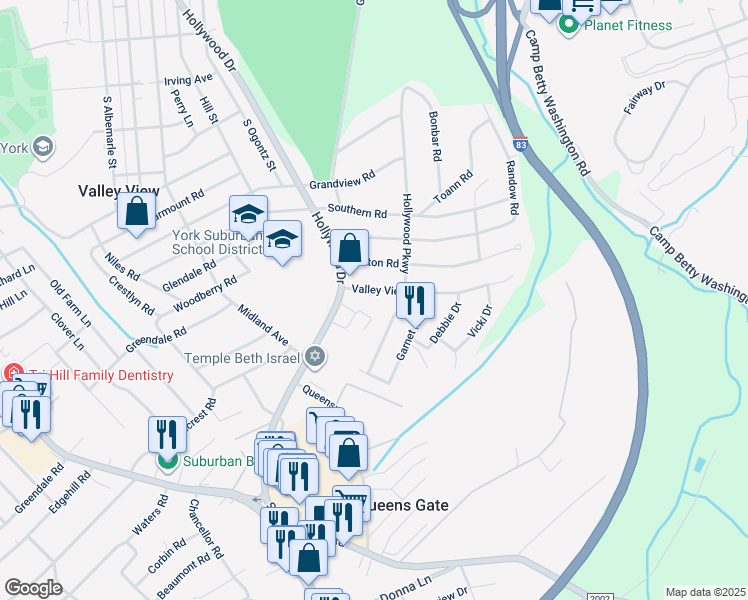map of restaurants, bars, coffee shops, grocery stores, and more near 1116 Valley View Road in York