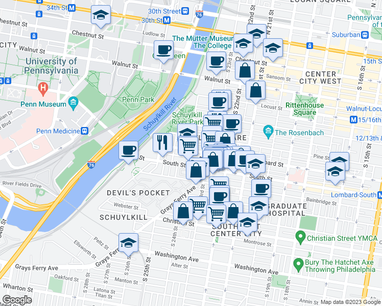map of restaurants, bars, coffee shops, grocery stores, and more near 2424 Lombard Street in Philadelphia