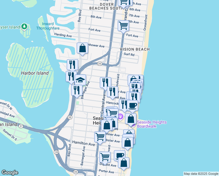map of restaurants, bars, coffee shops, grocery stores, and more near 132 Kearney Avenue in Seaside Heights