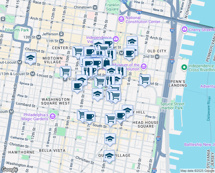 map of restaurants, bars, coffee shops, grocery stores, and more near 233 South 6th Street in Philadelphia