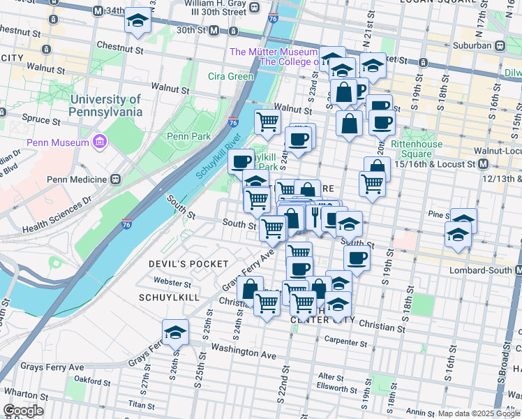 map of restaurants, bars, coffee shops, grocery stores, and more near 2424 Lombard Street in Philadelphia