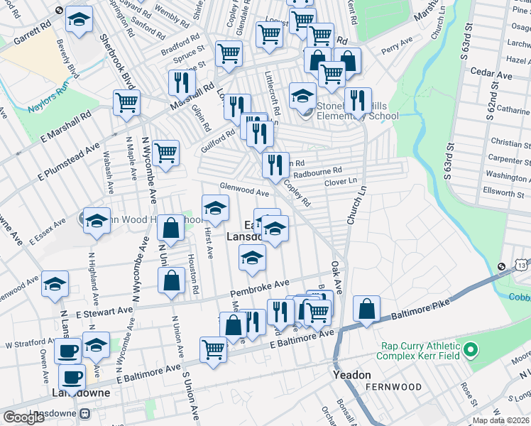 map of restaurants, bars, coffee shops, grocery stores, and more near 223 Penn Boulevard in East Lansdowne