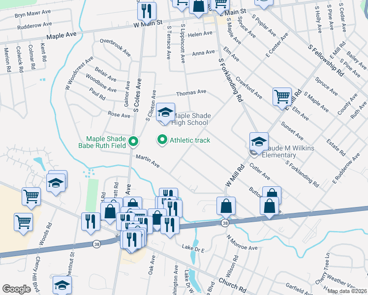 map of restaurants, bars, coffee shops, grocery stores, and more near 219 West Center Avenue in Maple Shade