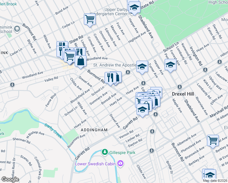 map of restaurants, bars, coffee shops, grocery stores, and more near 518 Burmont Road in Drexel Hill