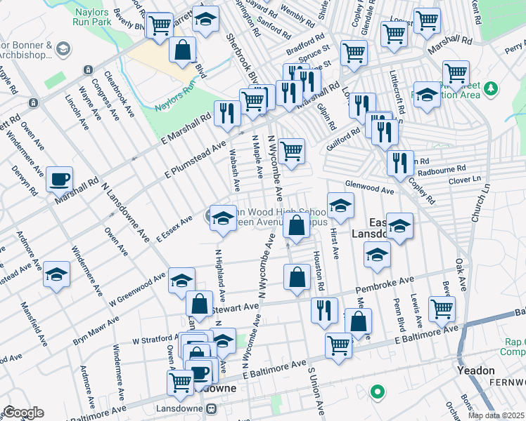 map of restaurants, bars, coffee shops, grocery stores, and more near 206 North Maple Avenue in Lansdowne