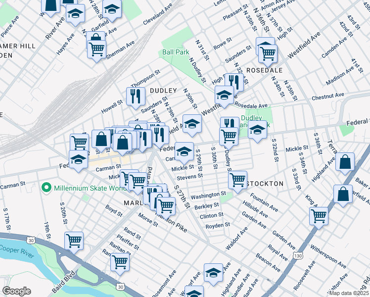 map of restaurants, bars, coffee shops, grocery stores, and more near 2804 Federal Street in Camden